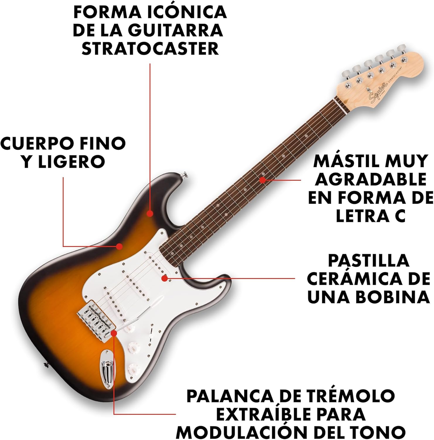 Squier by Fender Debut Collection Guitarra Eléctrica Stratocaster, Diapasón de Laurel, Golpeador Blanco - Imagen 4