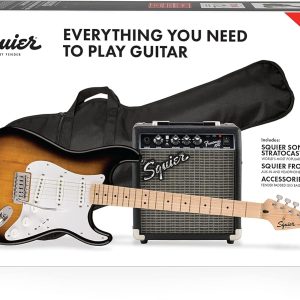 Squier by Fender - Paquete de Guitarra Eléctrica Stratocaster Sonic, Diapasón de Arce en 2 Colores Sunburst con Amplificador y Accesorios