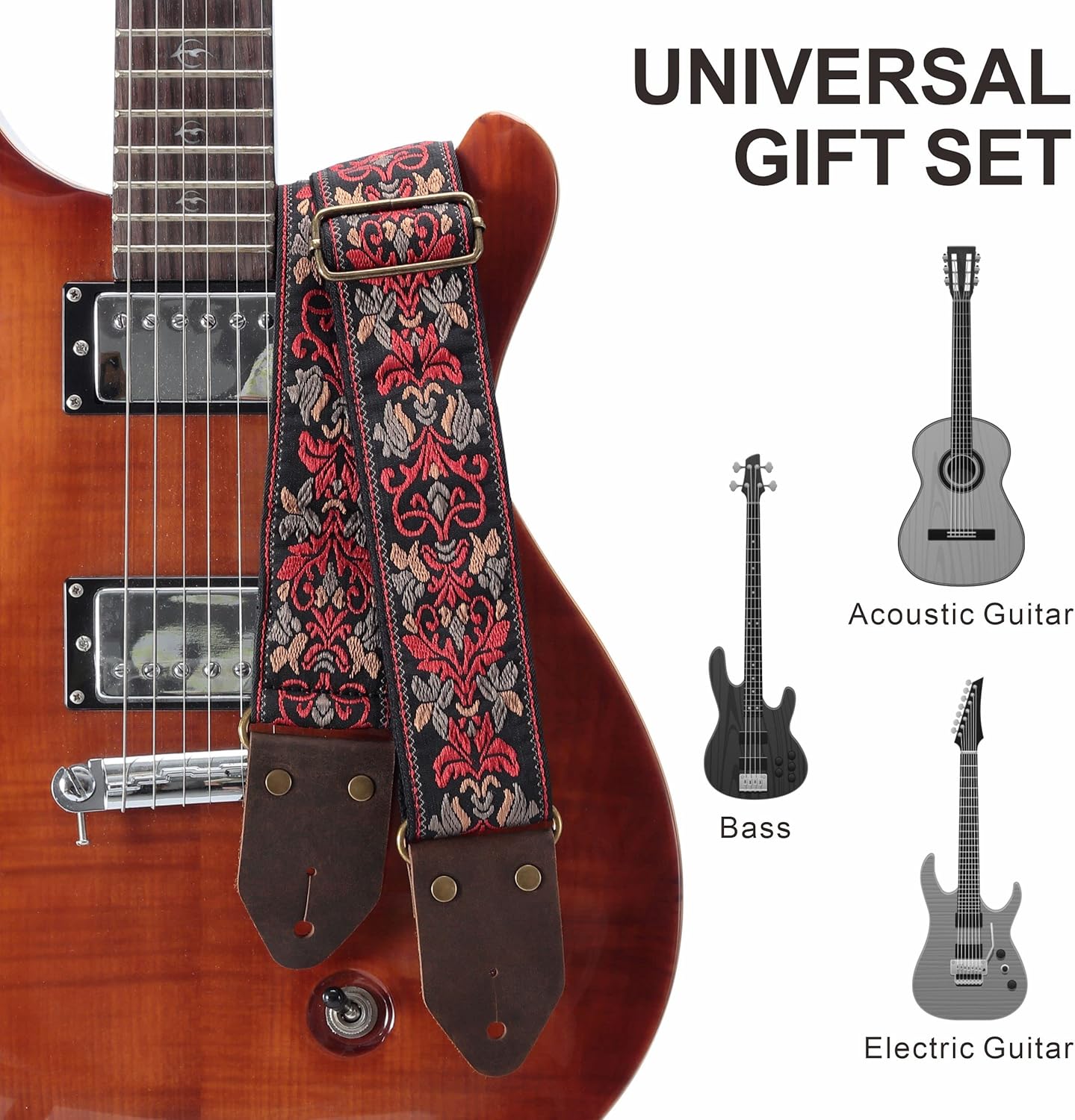 Nefelibata Correa de Guitarra, Bordado Jacquard con Extremos de Cuero para Bajo, Guitarra Eléctrica y Acústica - Imagen 5