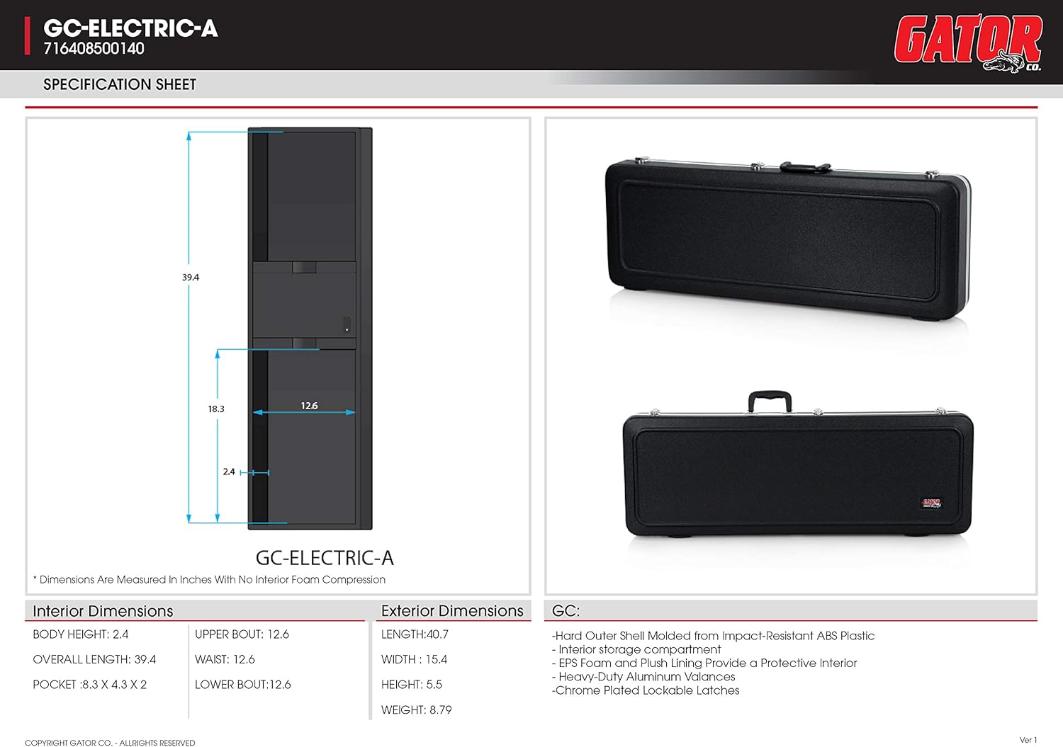 GATOR GC-ELECTRIC-A - Estuche para Guitarra Eléctrica (Interior Moldeado), Color Negro - Imagen 4