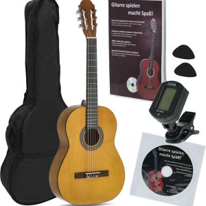 Navarrez NV11PK Starter Set Guitarra Clásica Marrón 4/4 con Bolsa, Libro con CD, Afinador y 2 Púas