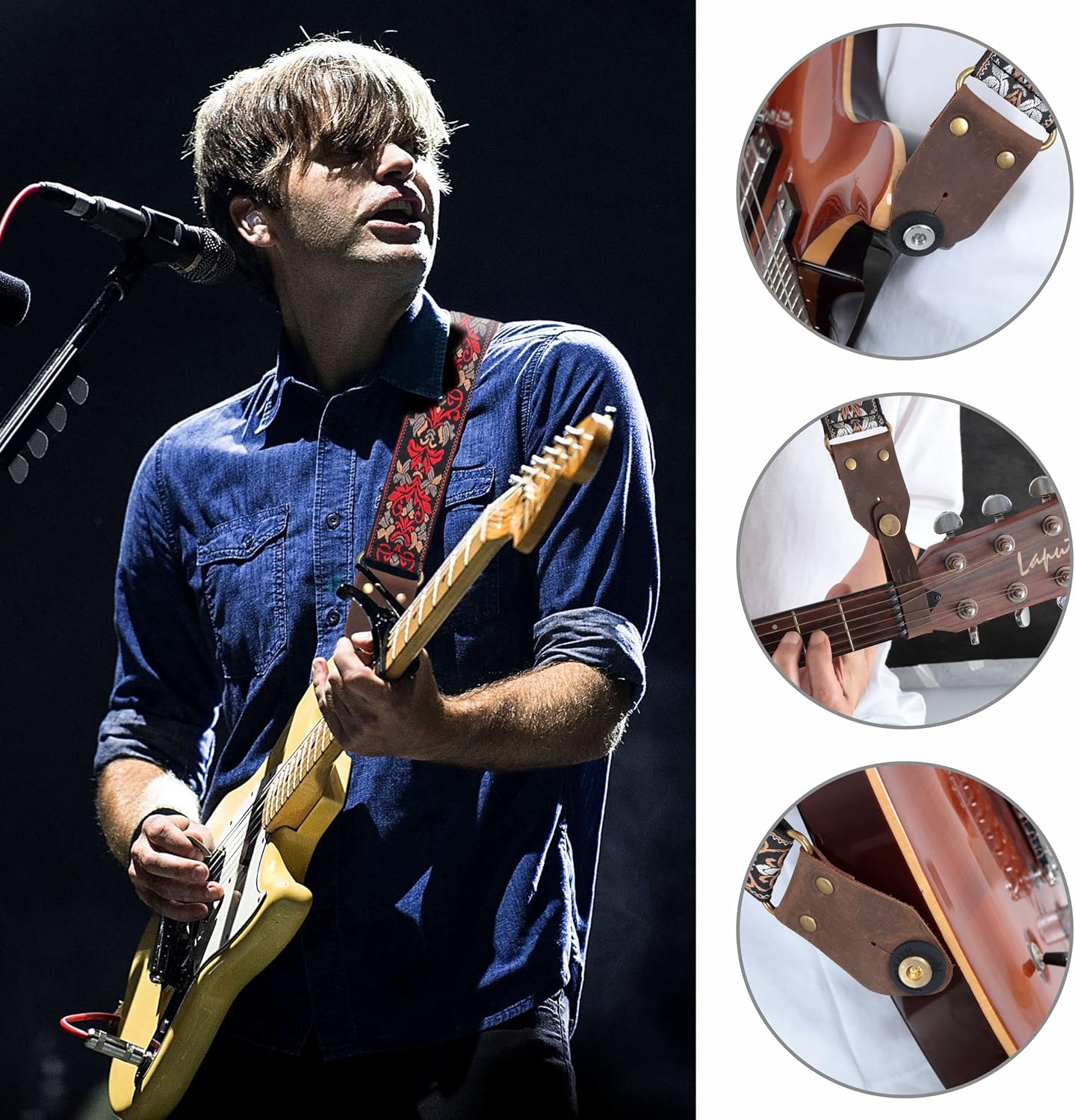 Nefelibata Correa de Guitarra, Bordado Jacquard con Extremos de Cuero para Bajo, Guitarra Eléctrica y Acústica - Imagen 2