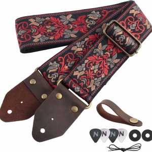 Nefelibata Correa de Guitarra, Bordado Jacquard con Extremos de Cuero para Bajo, Guitarra Eléctrica y Acústica