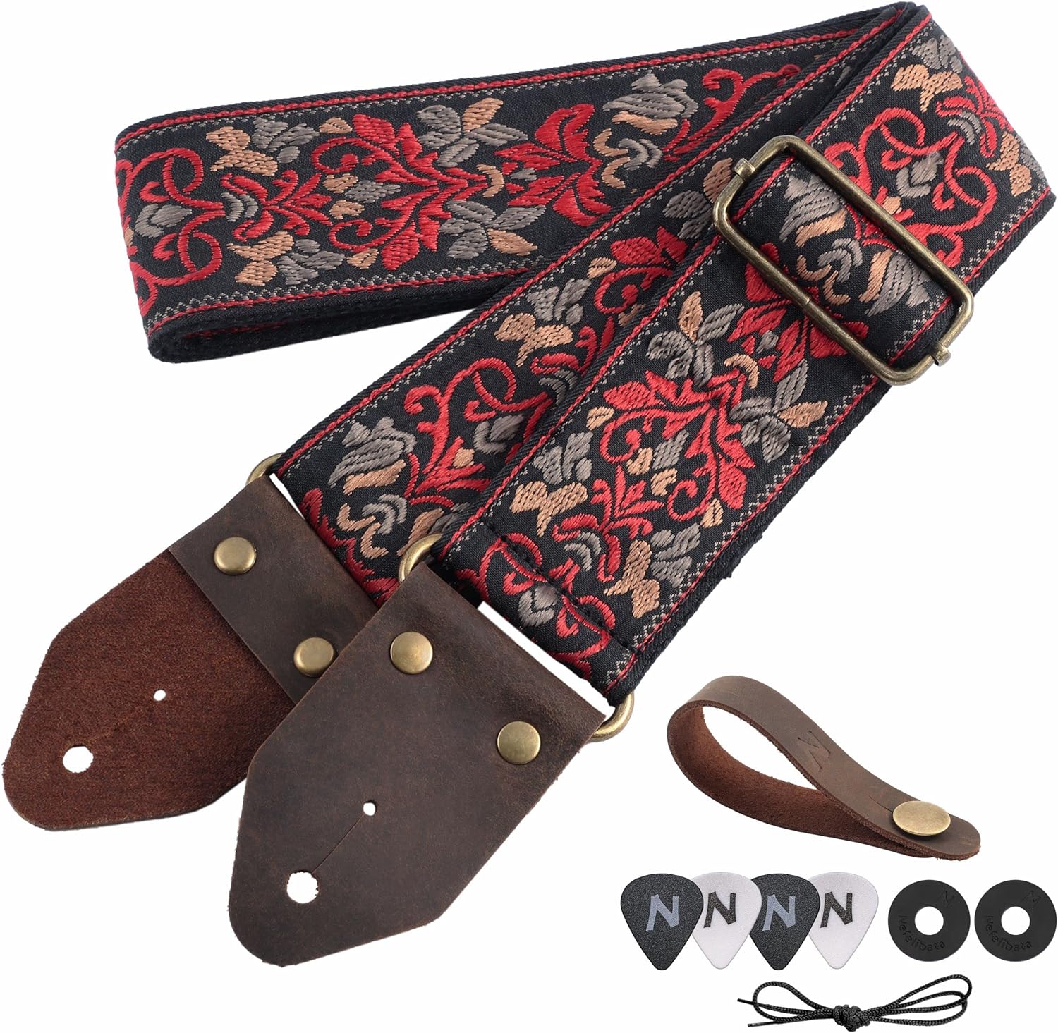 Nefelibata Correa de Guitarra, Bordado Jacquard con Extremos de Cuero para Bajo, Guitarra Eléctrica y Acústica